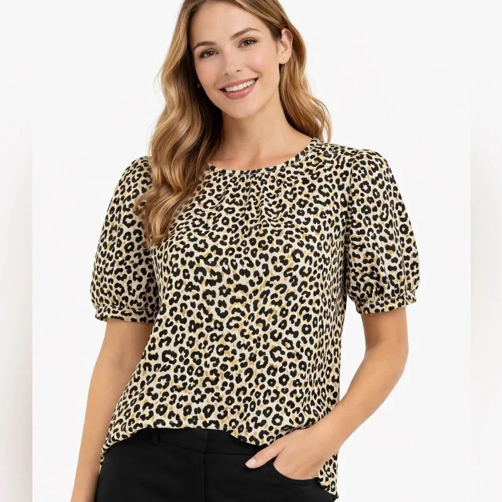 NWT J. Crew Leopard Print Puff Sleeve Top - Beige, Black